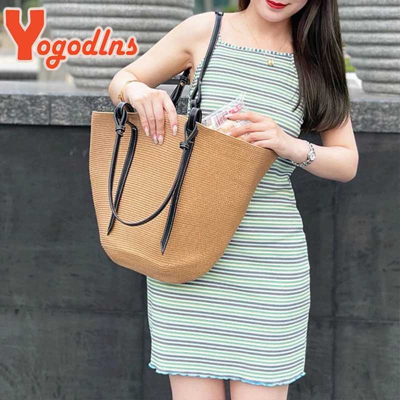 Yogodlns Summer Straw Totes Bag Women Large Capacity Rattan Handle Bag Splicing Color Beach Bag Travel Woven Shoulder Bag Bolsa G250729