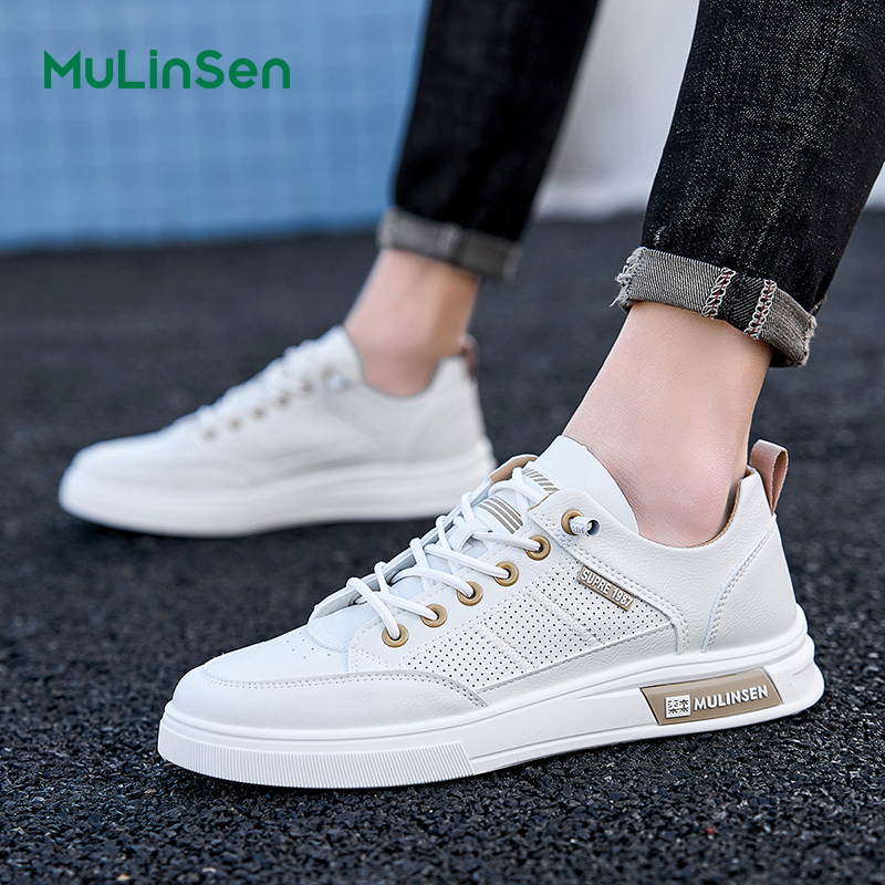 Mulinsen men's shoes spring and summer 2025 all-match youth breathable sports punched casual sneakers flat bottom non-slip wear-resistant white s