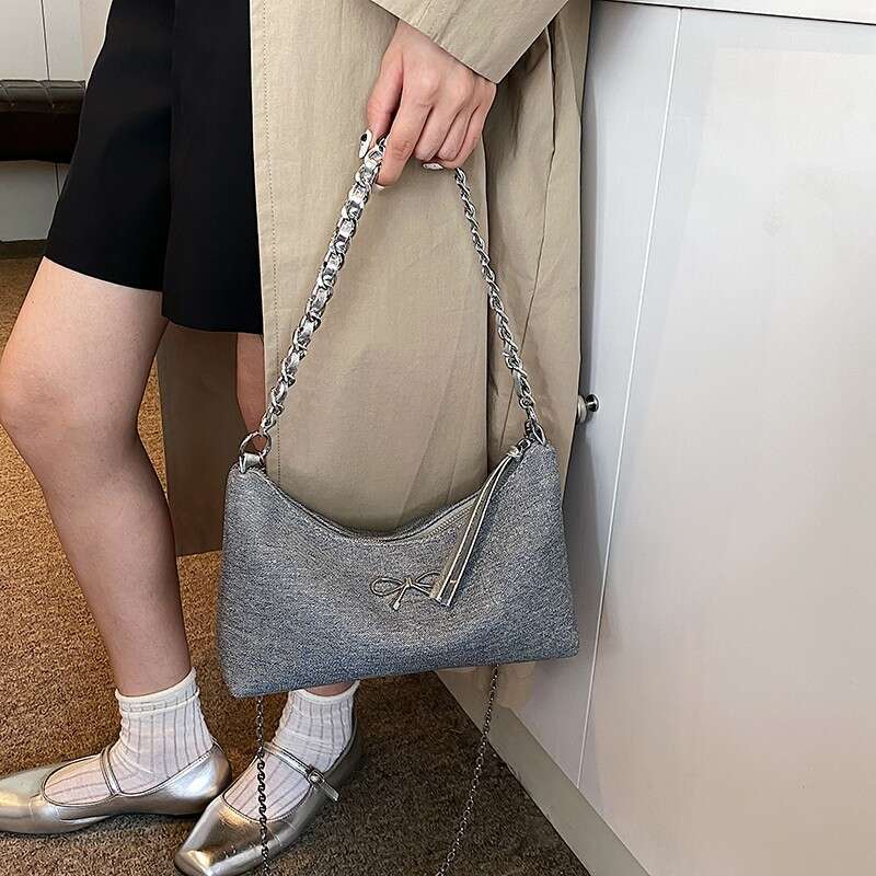 Elegant Bowknot Underarm New Denim Blue Chain Women's Niche Design Single Shoulder Crossbody Bag