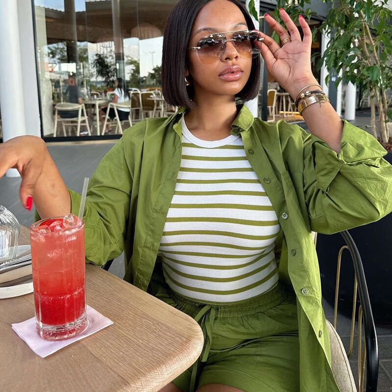 Women's Fashion Spring Summer Casual Long Sleeve Shirt And Shorts Two-Piece Set For Women B5