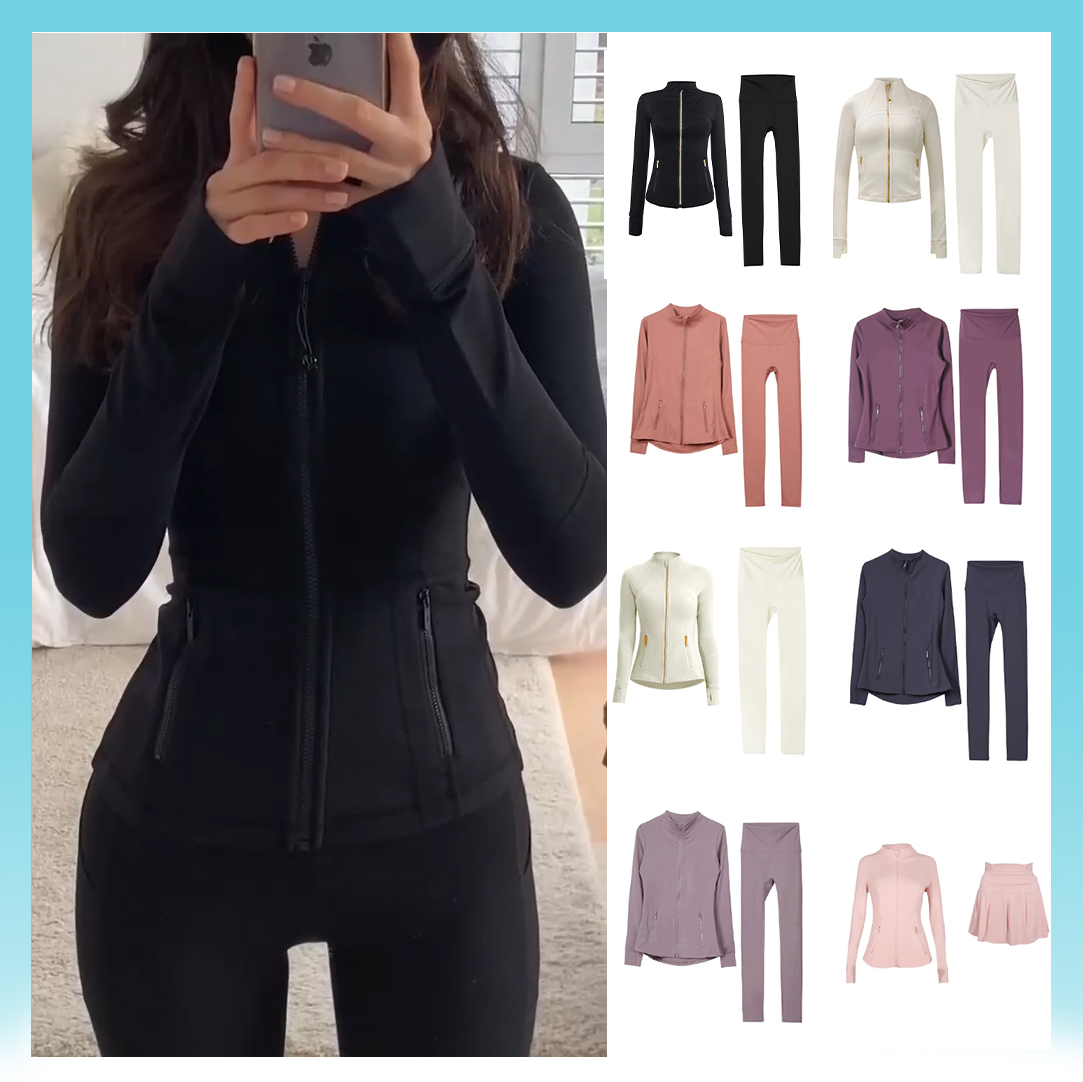 Hot 5A Full Label Zip Jacket Set Tucked Full Length Flared Pants Short Skirt Leggings Gym Set Gym Clothing Women's Jacket Set