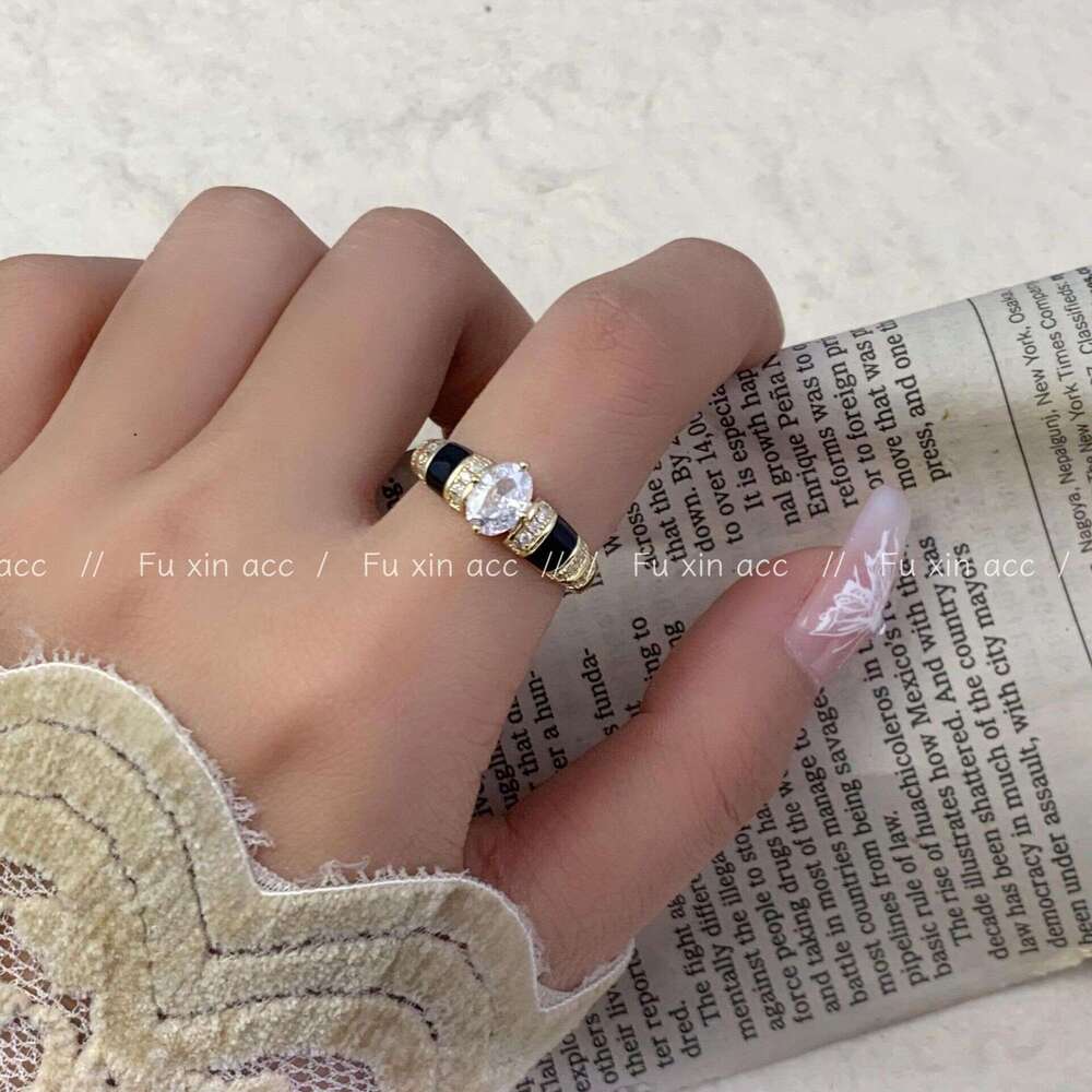 Light Luxury Exquisite Old Money Style Black Zircon Open Fashionable High-end Index Finger Niche Design Personality Ring 234