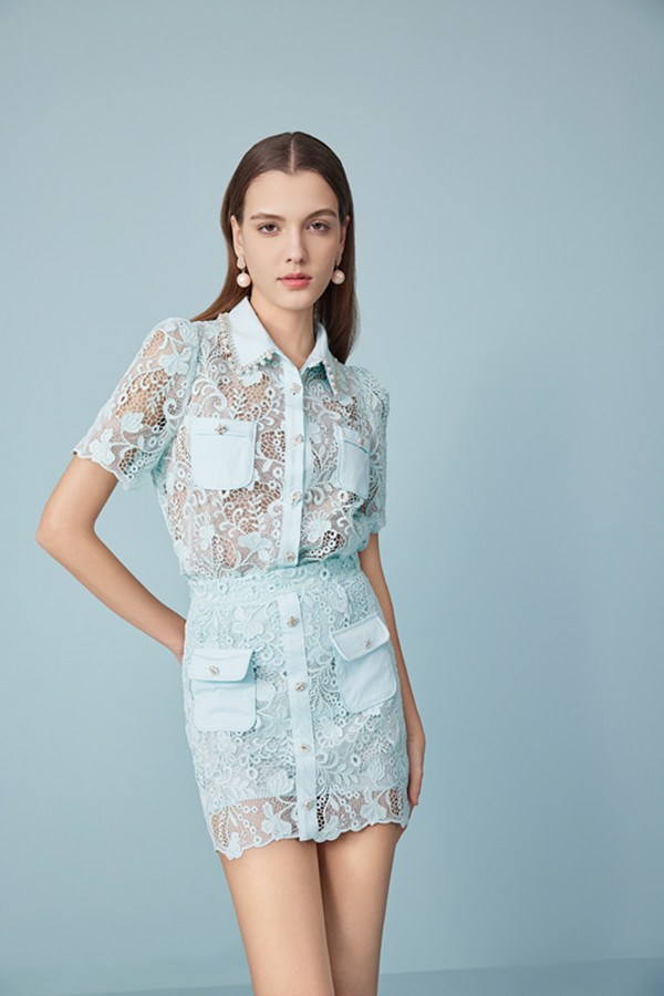 Women Mint Green Lace Plaid Straight Short Skirts Elegant Ladies Hollow Out Trendy Zipper Work Wear Floral Pencil Wrap Hips Mini Skirt 6111421