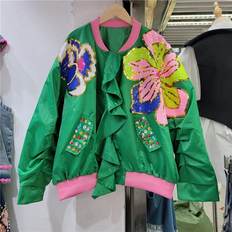 Spring Women Fashion Ruffled Patchwork Diamond Sequin Flowers Baseball Jacket Stand Collar Long Sleeve Bomber Coat Female Casual 250730