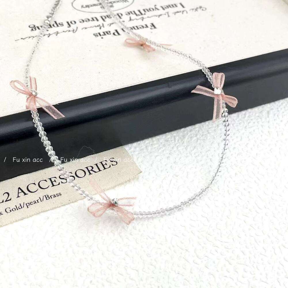 Sweet Girl Sheer Bow Necklace for Women Korean Dongdaemun Collarbone Chain Elegant Versatile Beaded Choker 777