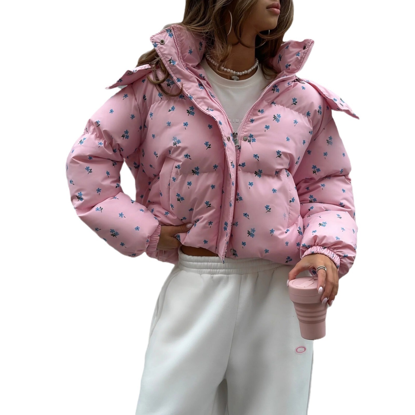 Floral Design Drawstring Hooded Detachable Cotton Jacket High-end Fashion Versatile Coat for Women