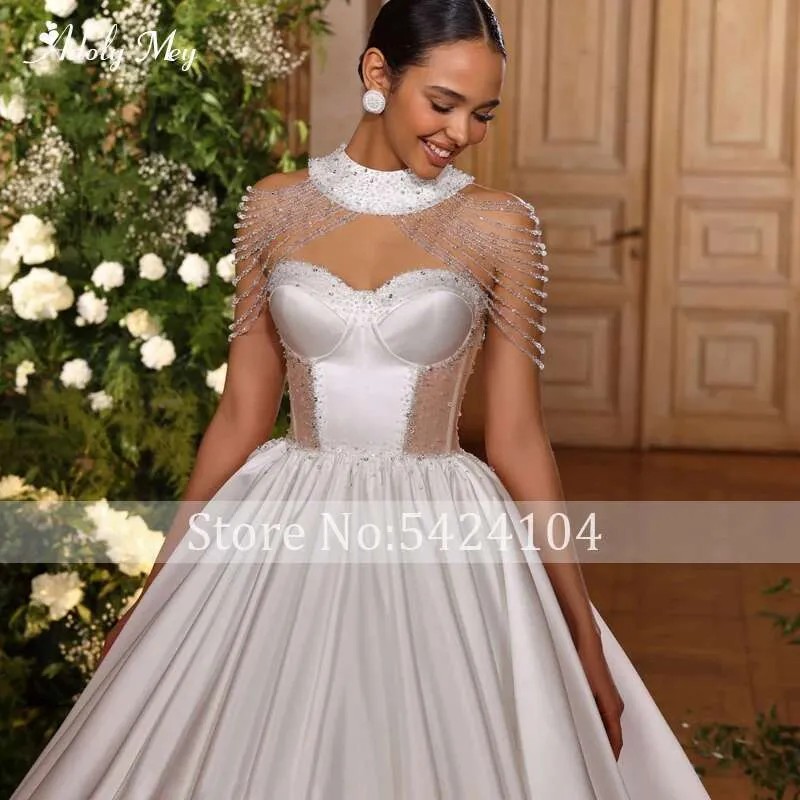 Removeable Chic O Neck Satin Chapel Train Ball Wedding Dress Strapless Beading Customized Princess Bridal Gown Robe De Soiree