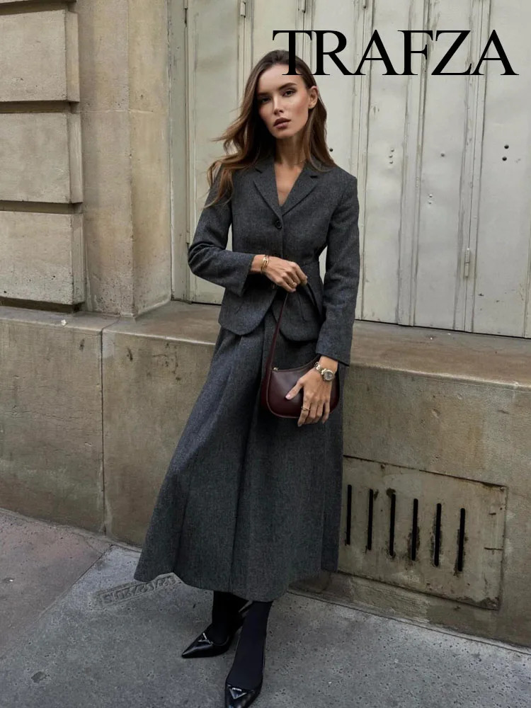 TRAFZA Autumn Suits For Women Fashion Lapel Sheath Single Breasted Blazer Textured Commute Office Lady Womens Skirt 250730