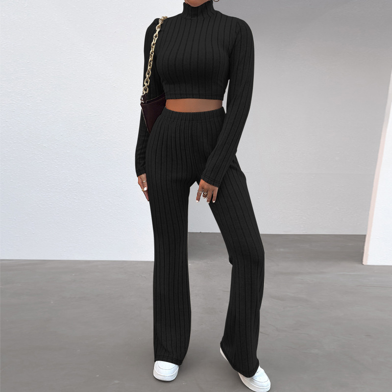F1366 Winter New Womens Ribbed Fleece High Neck Fashionable Elegant Long Pants Set