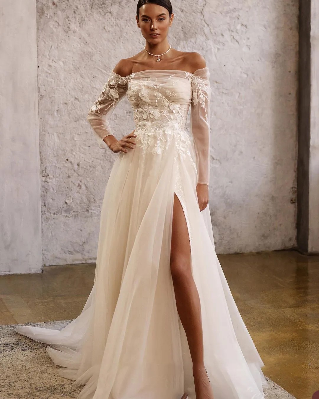 Off The Shoulder A Line Mermaid Wedding Lace Full Transparent Sleeve Bridal Gown High Split Tulle Dresses