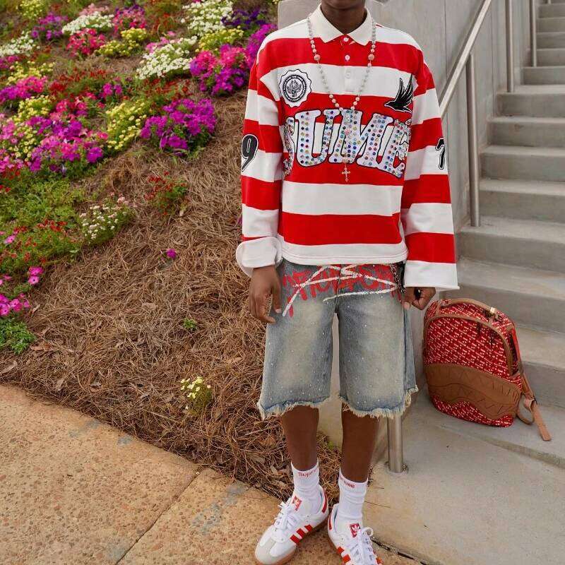 2 Pcs Co-ords Sume Rugby Dia Embroidery Stripe Polo Shirt Y2K Retro Classic Unisex Oversized Long Sleeved Shirts Sets