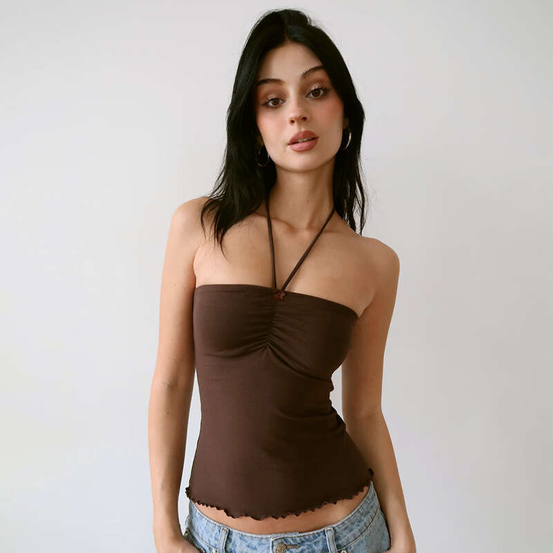 Ytp237 Women's Summer New Lace-Up Halter Ruched Tube Backless Ruffle T-Shirt Top For Women B5
