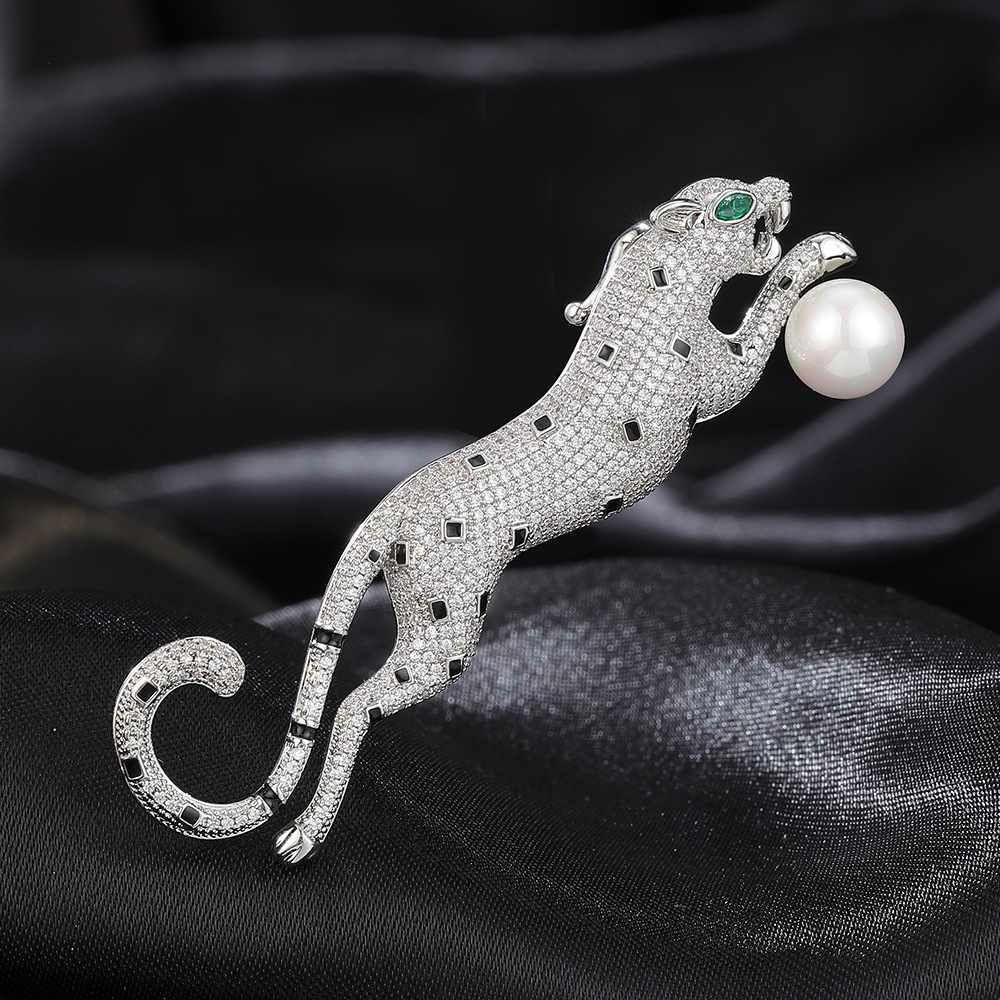 Silver Tone Rhinestone - Encrusted Leopard Brooch With Black Accents, Green Gemstone Eyes And Pearl In Mouth Bold Party Jewelry And Gift For Him/Her H