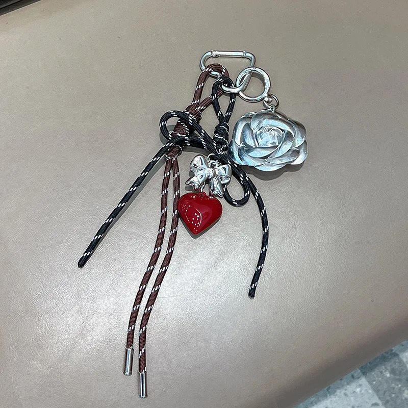 Trendy style camellia flower Backpack pendant Hand woven rope Hangings love heartKey Chain 250729