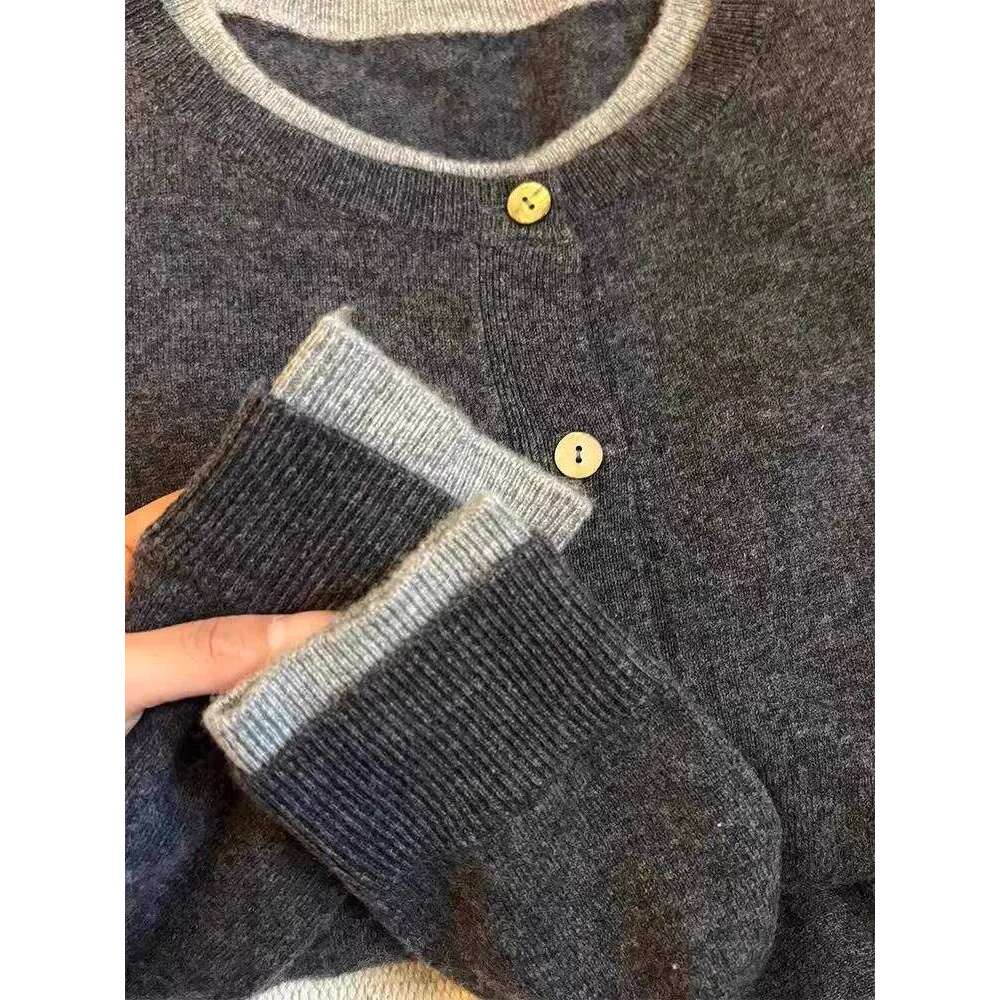 Designer Clothing 2025 Fake Two 100% Pure Cashmere Sweater Cardigan Dark Grey High-Grade Wool Knit Coat Top