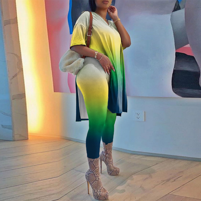 F1371 New Womens Gradient Color Hem Split Top Fashion Slim Fit Set