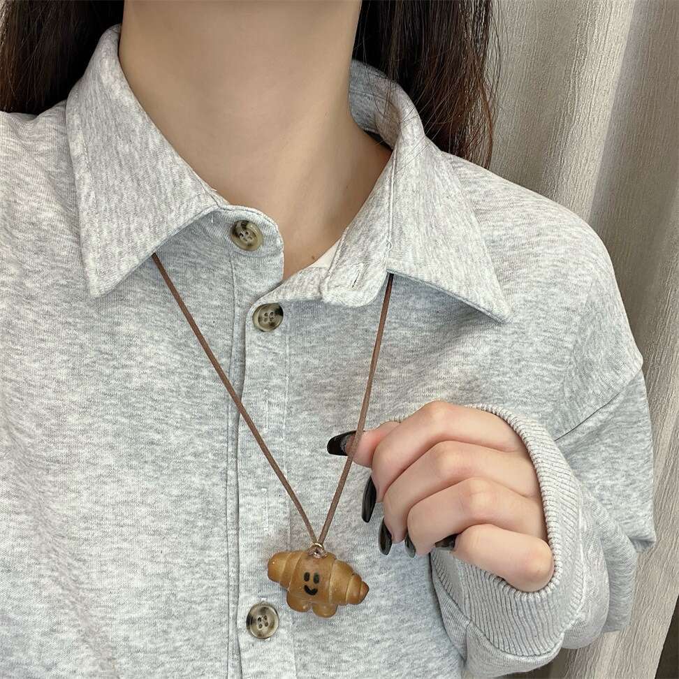 Handmade Bread Lye Knot Croissant Long Pendant Necklace for Women, Unique Sweater Chain Accessory 54c