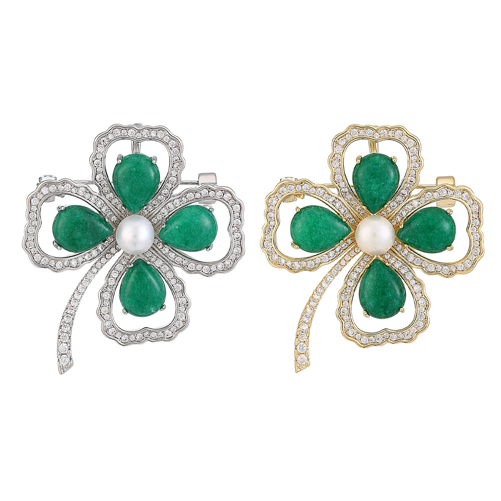 Silver Tone Rhinestone - Encrusted Four - Leaf Clover Brooch With Green Teardrop Gemstones And Pearl Center Elegant Daily Jewelry And Gift For Her Hig