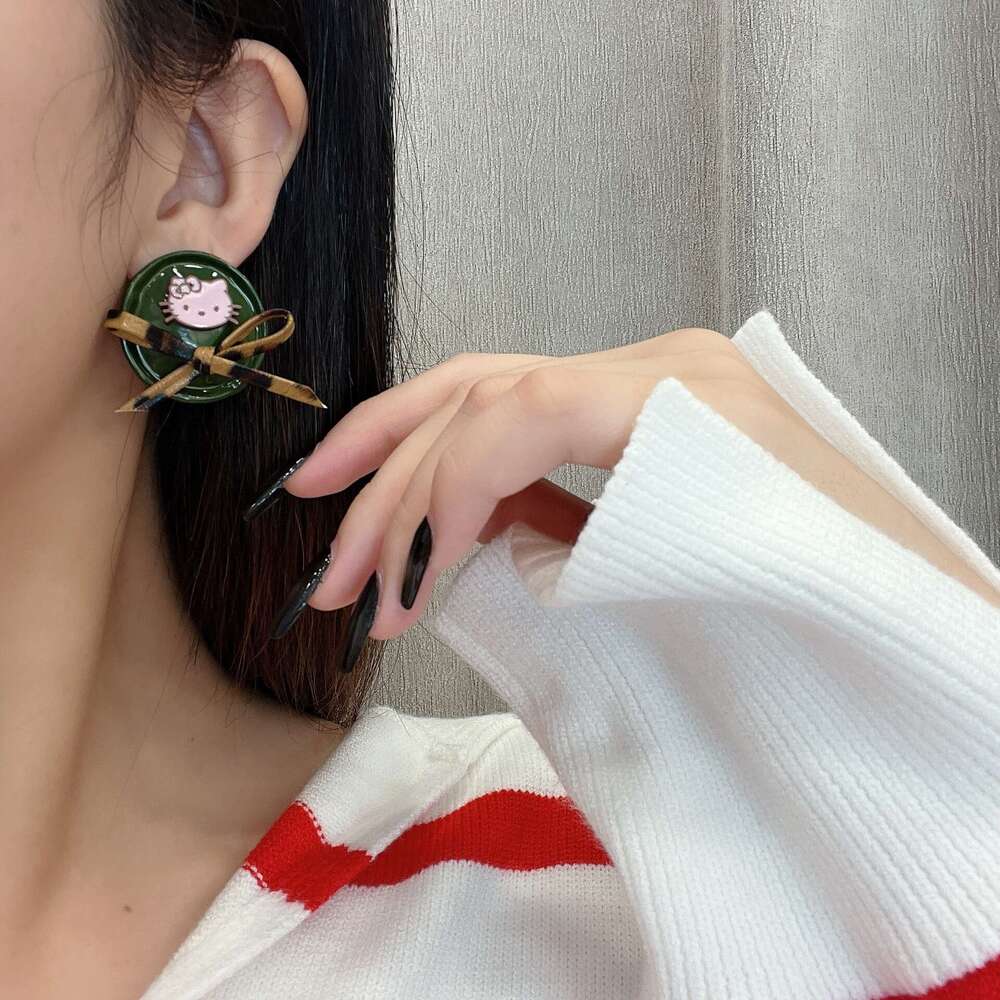 Autumn Winter New Round Cat Leopard Print Bow Fashion Sweet Cute Korean Style High-end Earrings for Women 281