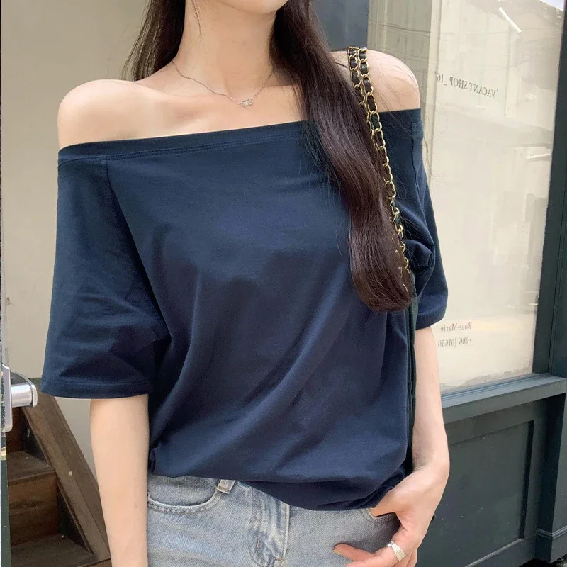 Women Spring Solid Slim Fit Crop Top Sexy Tees Shirts Fashion Skew Collar Offshoulder Longsleeved Tshirts 250729