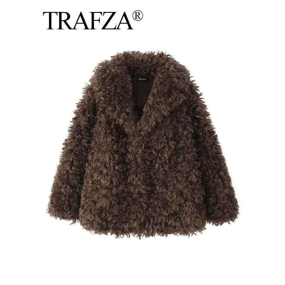 TRAFZA Women Winter Faux Fur Jacket Fashion Woman Slim Solid Brown Side Pockets Lapel Long Sleeves Casual Loose Warm Coat Mujer