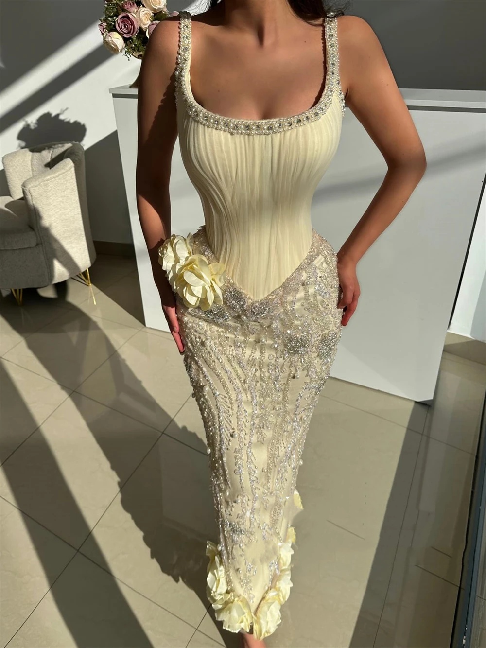 Fashion Evening Dresses For Women Jewel Neck Sleeveless Gown 3D Floral Appliques Sequins Pearls Floor Length Dress Party Customized Dress