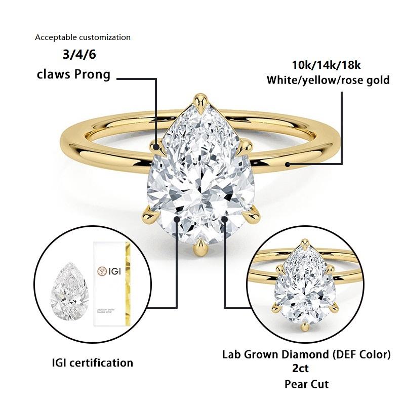 Customized 18K Gold Ring IGI Certificate Lab Diamond Ring 1ct Pear Cut HPHT CVD White Yellow Rose Gold Diamond Ring