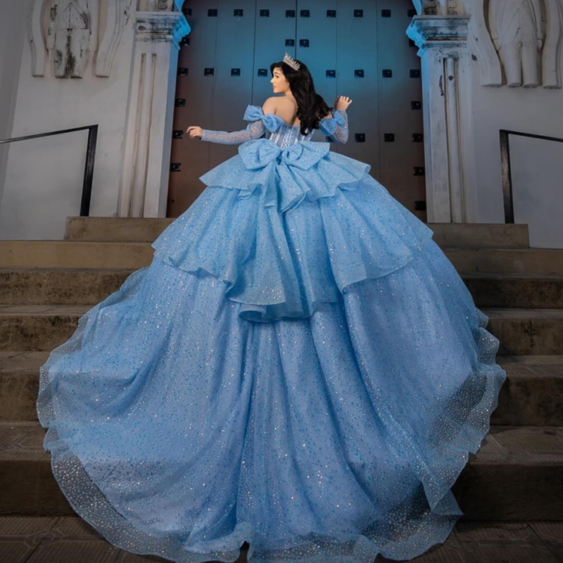 Sky Blue Shiny Quinceanera Dresses Off The Shoulder Beading Crystal Bow Tull Corset Ball Gown Vestidos De 15 Anos Sweet 16 Dress