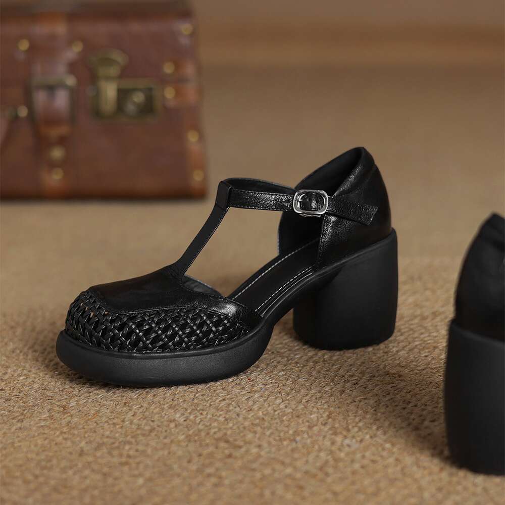 Genuine Leather Hollow Out Peep Sandals 2025 Summer New Round Toe Thick Sole Chunky Heel Thong Strap High Heels