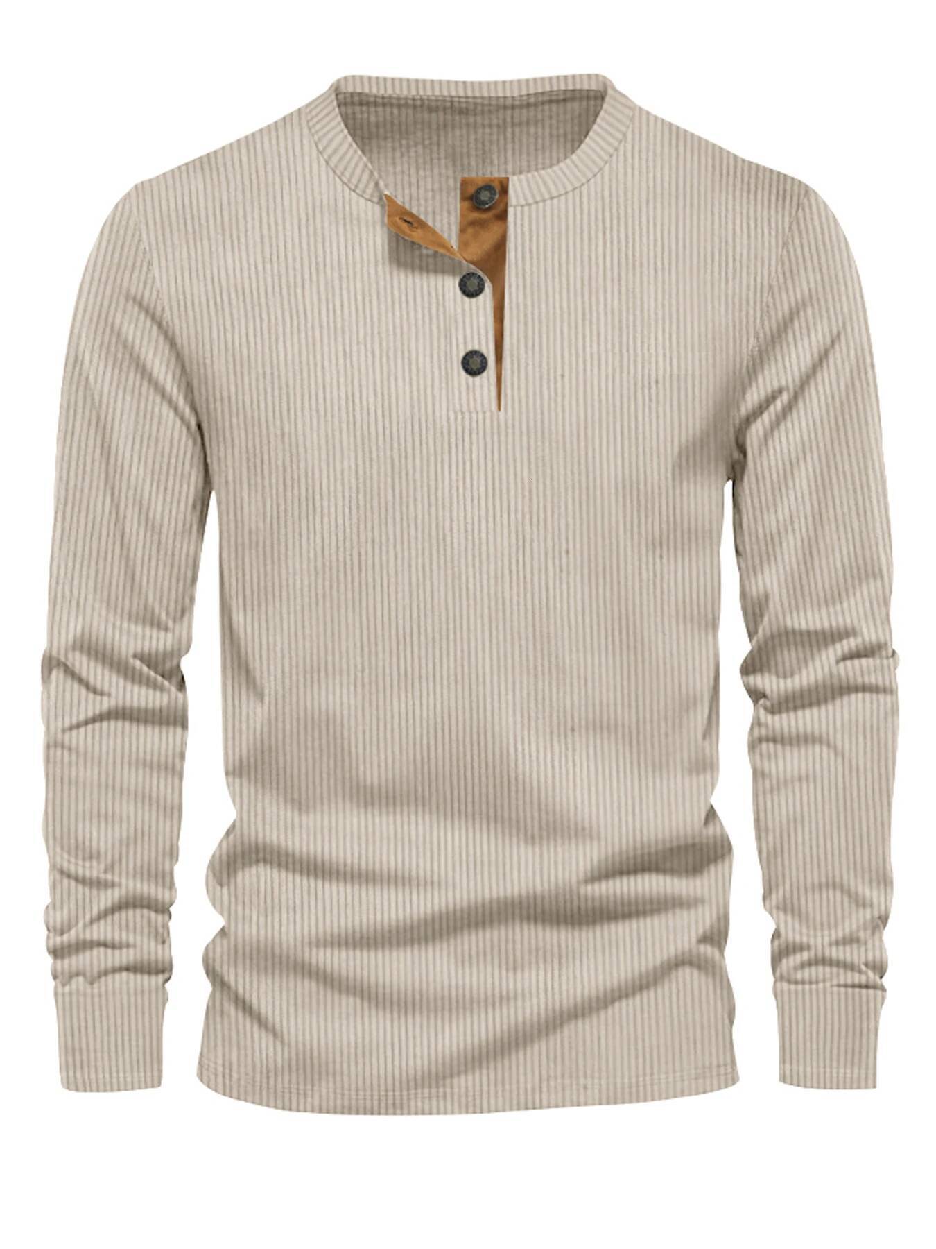 2024 Spring and Autumn New Cross-border Men's Independent Station Corduroy Casual Henry Slim Solid Color Long Sleeve T-Shirt