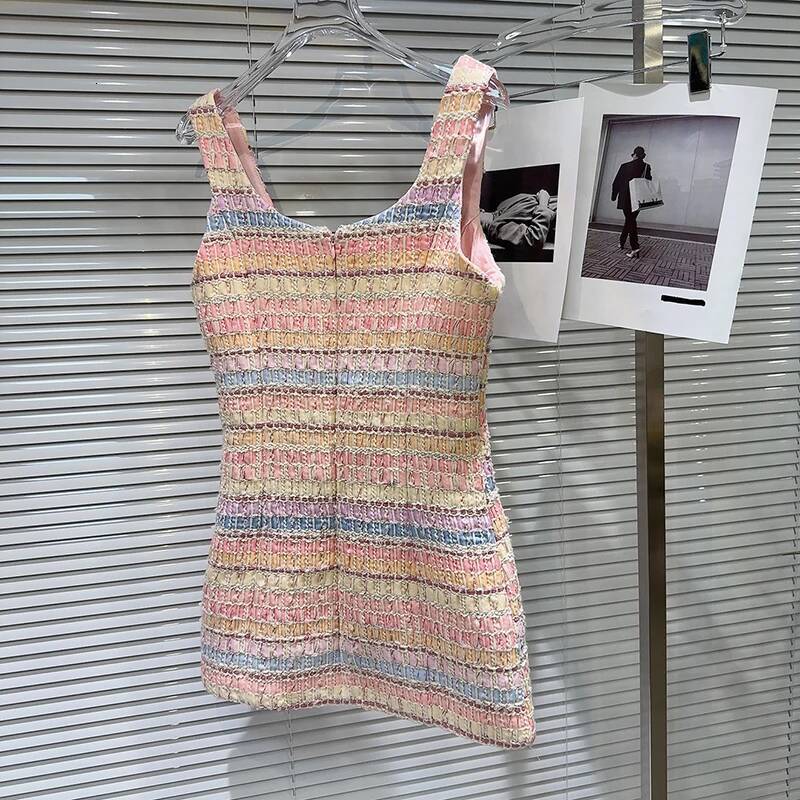 Female Elegant Contrast Color Sleeveless Dress Summer Fashion Dia Flower Buckle Woven Tweed Slimming Dresses ddmysept