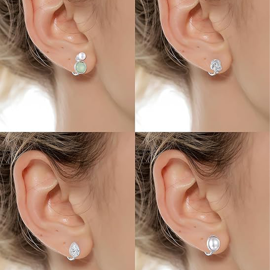 10Pairs Clip on Stud Earrings Non Pierced Teardrop Round Square CZ Pearl Twist Knot Flower Heart Star Rainbow Cat Opal Clip on Earrings for Women Silv