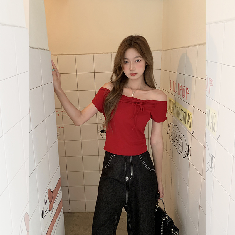 2025 American retro lace up off shoulder short sleeved T-shirt summer new slim fit top new designer T-shirt