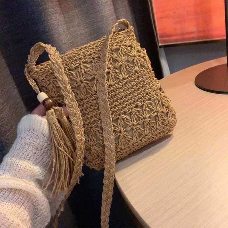 Women Beach Woven Straw Shoulder Bag with Tassel Boho Hollow Out Crochet Crossbody Handbag Macrame Clutch Purse with Y250730