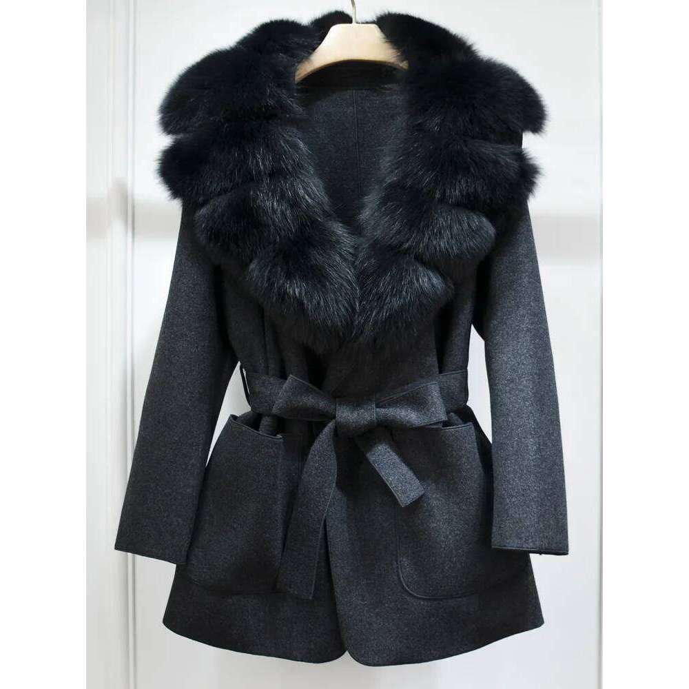 Designer Clothing Janveny New Winter Cashmere Wool Blends Women 100% Natural Fox Fur Collar Cuffs Slim Fit Suit Double Sided Woolen Trench Coat Fashio