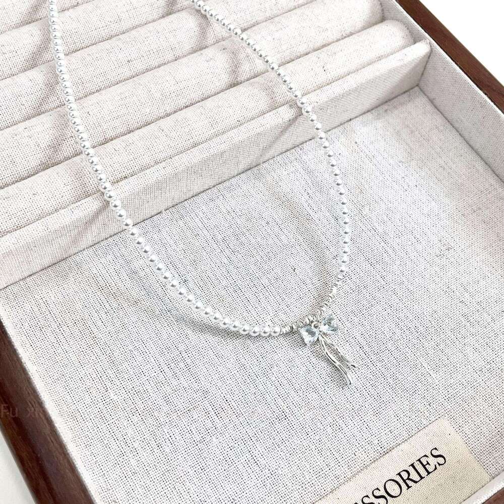 French Style Sweet Temperament Bowknot Zircon Pearl Necklace for Women Light Fresh Fashion Versatile Collarbone Chain f56