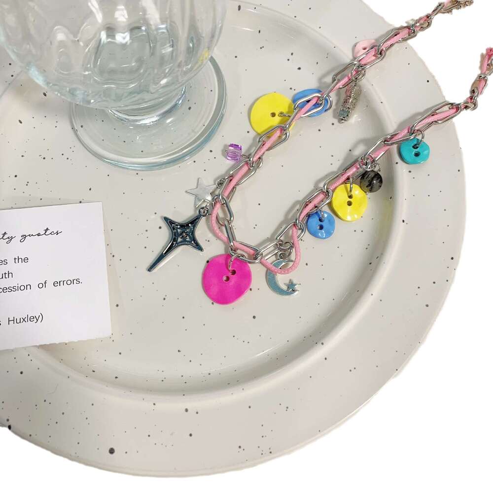 Dopamine Colorful Button Leather Necklace Niche Design Light Collarbone Versatile Neck Chain Student Best Friend Accessory 271