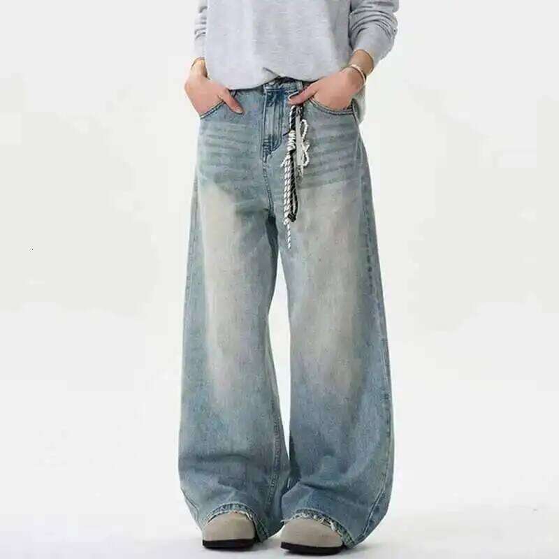 Distressed Jeans Solid Color Washing Summer Men Trousers Loose Wide Leg Casual Straight Moustache Effect Male Bottom