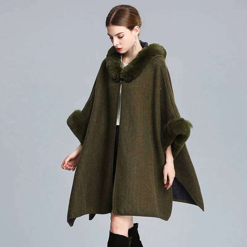 Designer Clothing Fashion Occidental Style Wool Blends Cape Hooded Elegant Faux Fur Coat Women Winter Long Big Loose Outerwear Cloak Fashion