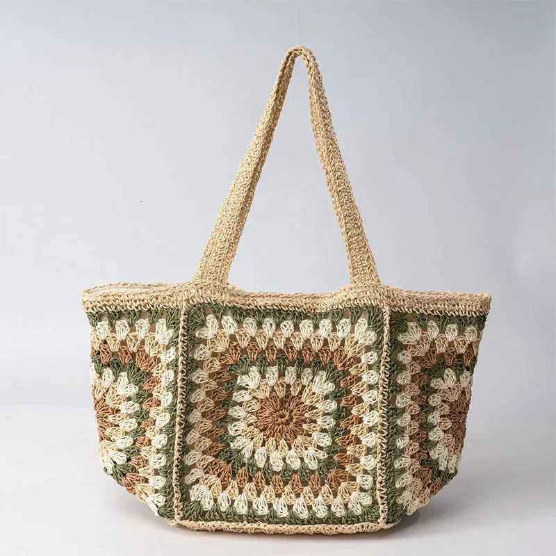 Granny Square Straw Shoulder BagBoho Ethnic Contrast Color Crochet Women Tote BagRoomy Summer Beach Vacation Handwoven Handbag Y250730