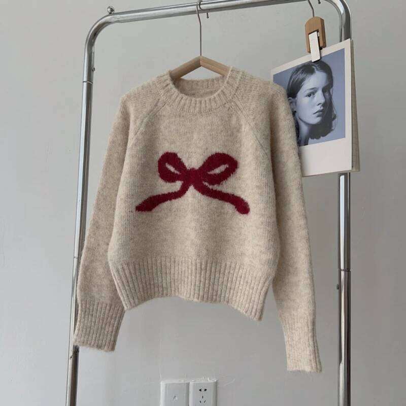 Designer Leisure High Quality Gray Bow Round Neck Pullover Inner Wear Sweater Women Autumn and Winter 2024 New Small Soft Glutinous Base Knit