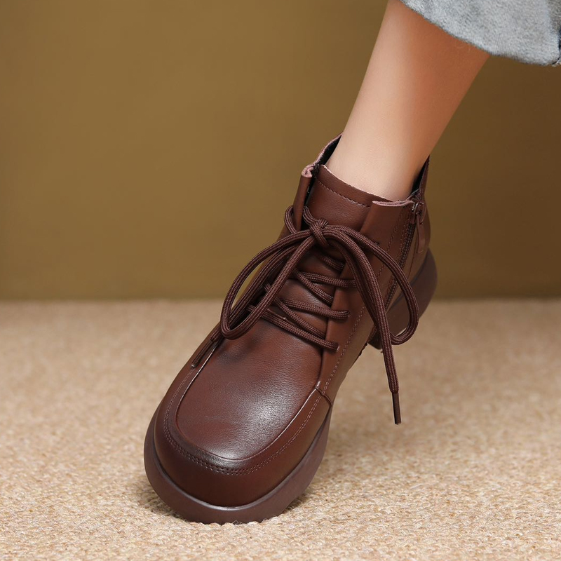 Retro Martin Boots Women's 2025 Winter New Style Chunky Heel Lace-Up Short Boots Low-Top Leather Boots Mom Shoes Thickened Warmth