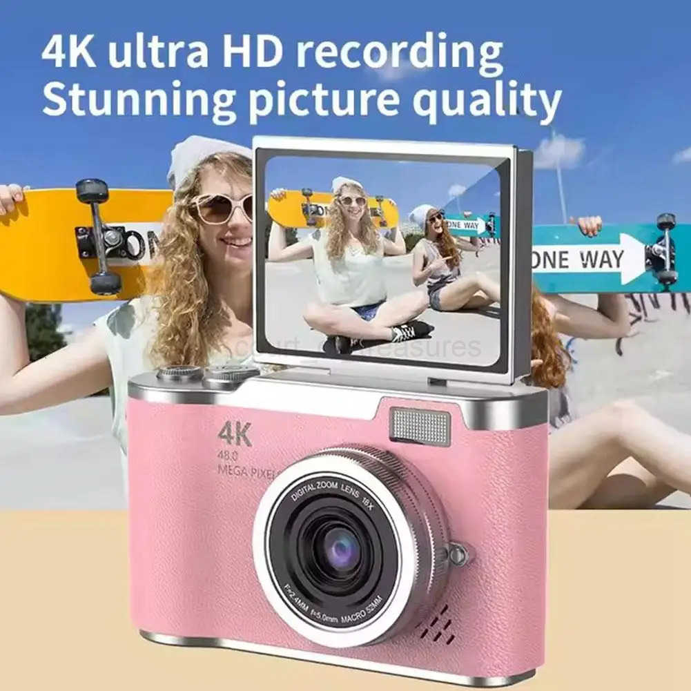 4K Digital Camera 48MP CCD 180 8X Zoom Portable Flip Screen Selfie with 32G Card Clear Shots for Daily Travel Use Easy M250731