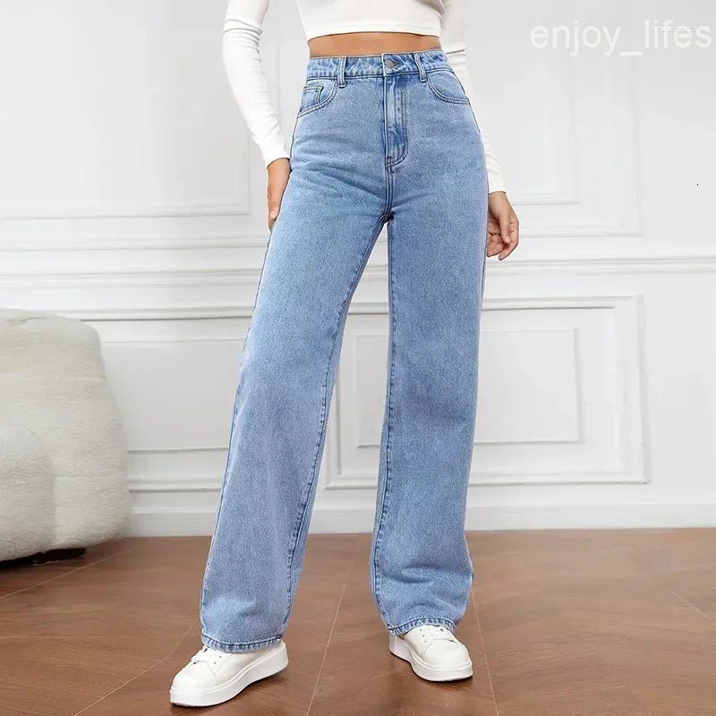 Womens Jeans Denim Women Straight Pants Washing High Waist Loose Pockets Basics Ankle Length Y2k Blue Streetwear Slight Strech