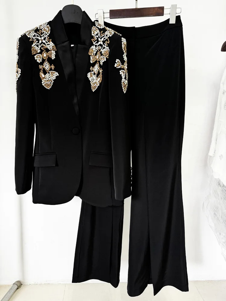 HIGH STREET est ner Suit Women Beaded Diamonds Stand Collar Single Button Blazer Wideleg Pants Set 2PCS 250731