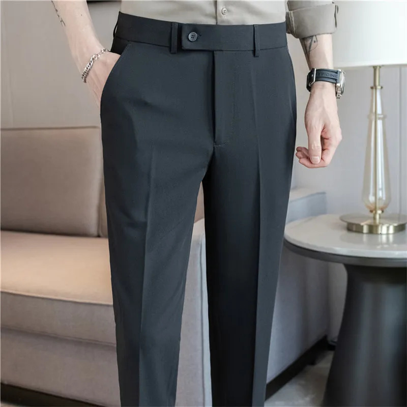 Summer Mens Suit Pants Solid Color Korean Slim Smart Casual AnkleLength Men Wedding Dress Office Trousers Man 250731