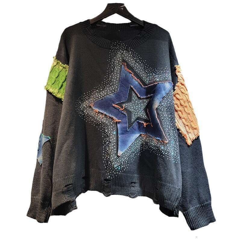 Designer Clothing 2025 DEAT Women's Pullover Patchwork Denim Star Rhinestone Broken Holes O-Neck Loose Long Sleeve Sweater 2025 Summer New Fashio