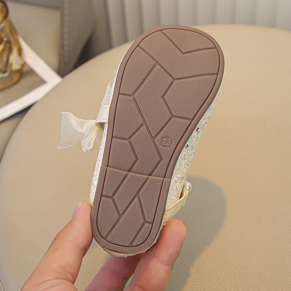 Girls' shiny pearl trip shoes bow decorated delicate little single shoes