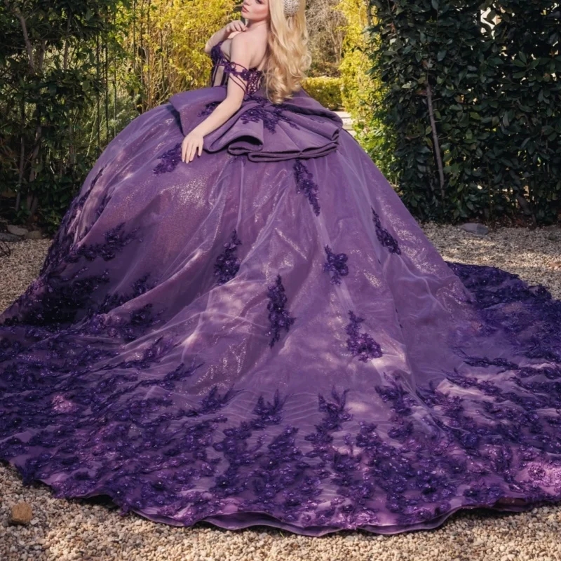 Purple Shiny Quinceanera Dresses Off The Shoulder Applique Lace Beads Tull Vestidos 15 De Anos Princess Party Birthday Birthday Sweet 16 Dress