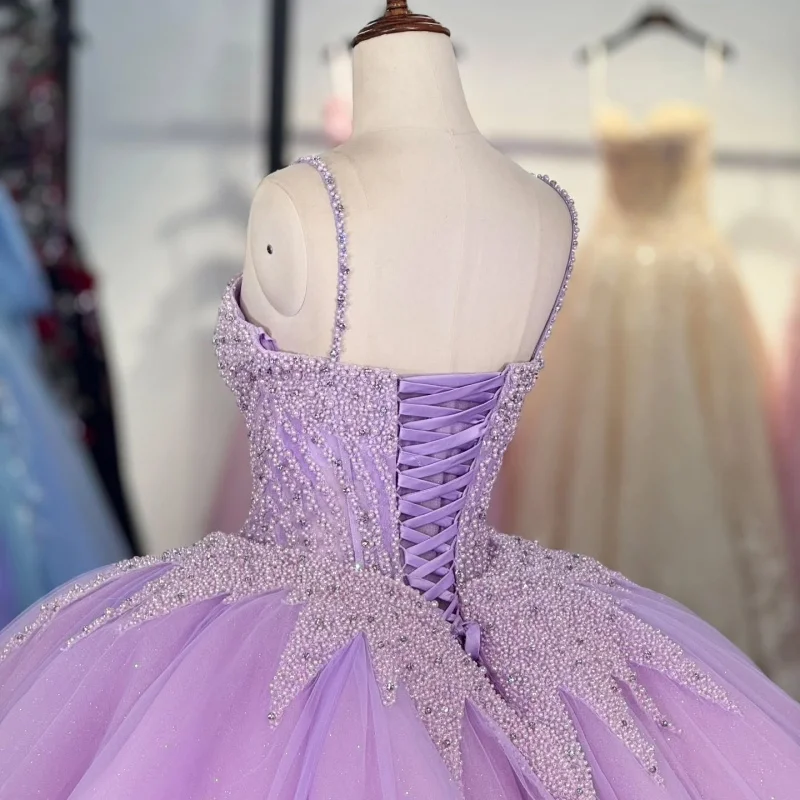 Light Lilac Shiny Quinceanera Dresses Ball Gown Spaghetti Strap Beading Tull Party Birthday Sweet 16 Dress Vestidos 15 De Anos